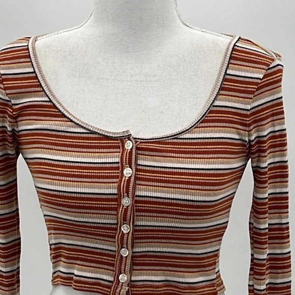 BDG Striped Ribbed Cropped Long Sleeve Top/Cardigan in Orange - NEW - Size Small - Picture 4 of 10